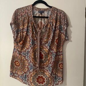 Democracy Women's 1X Paisley Print Tie Neck Top Blouse Boho Casual‎